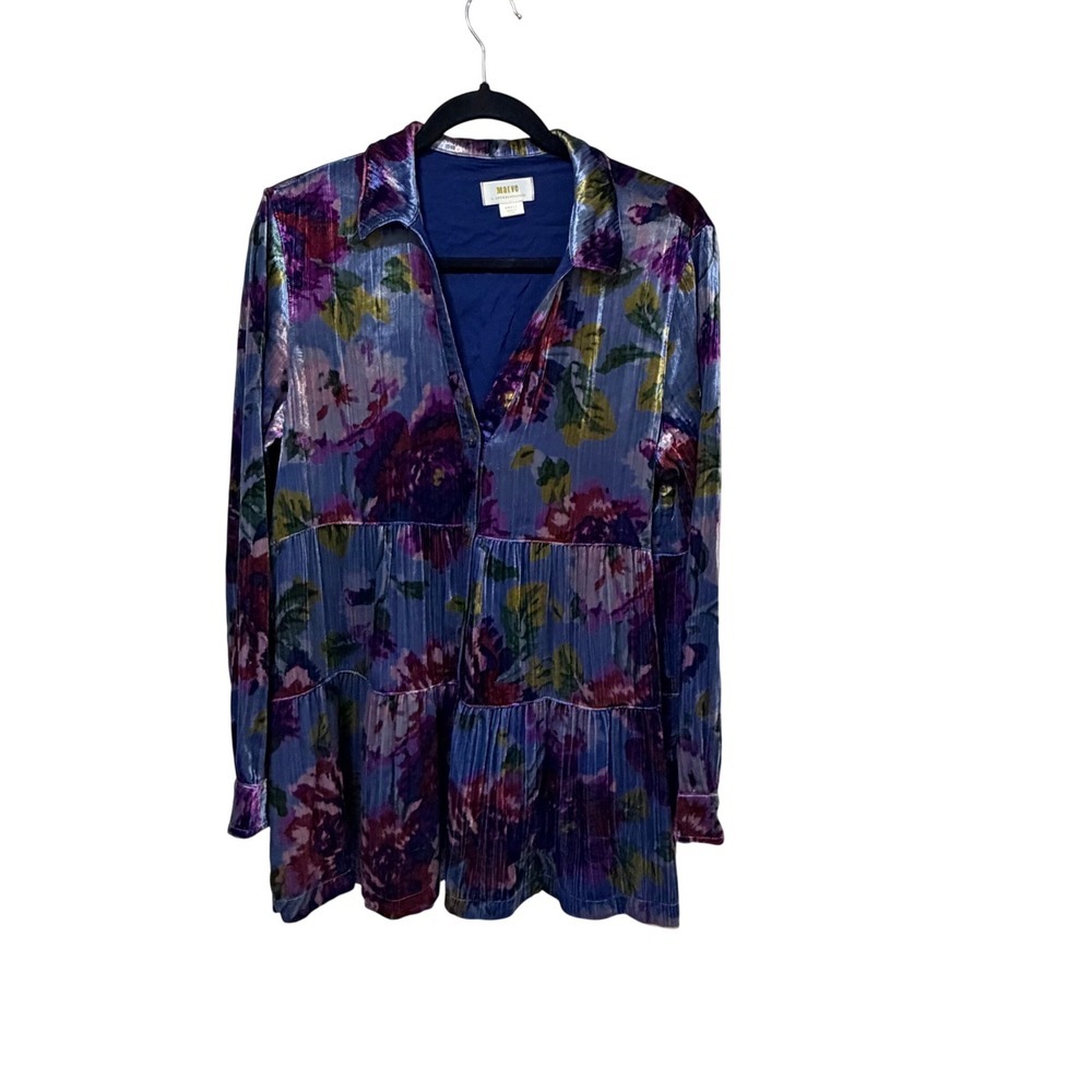 Maeve Anthropologie Blue Floral Velvet Burnout Tiered Tunic Mini Dress Small - Picture 2 of 8